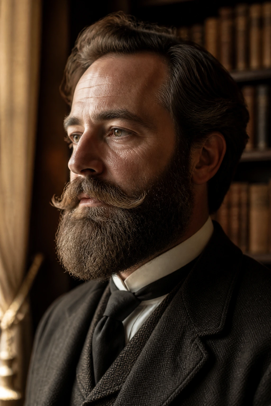 Close-up of a man with a Verdi beard in a vintage library