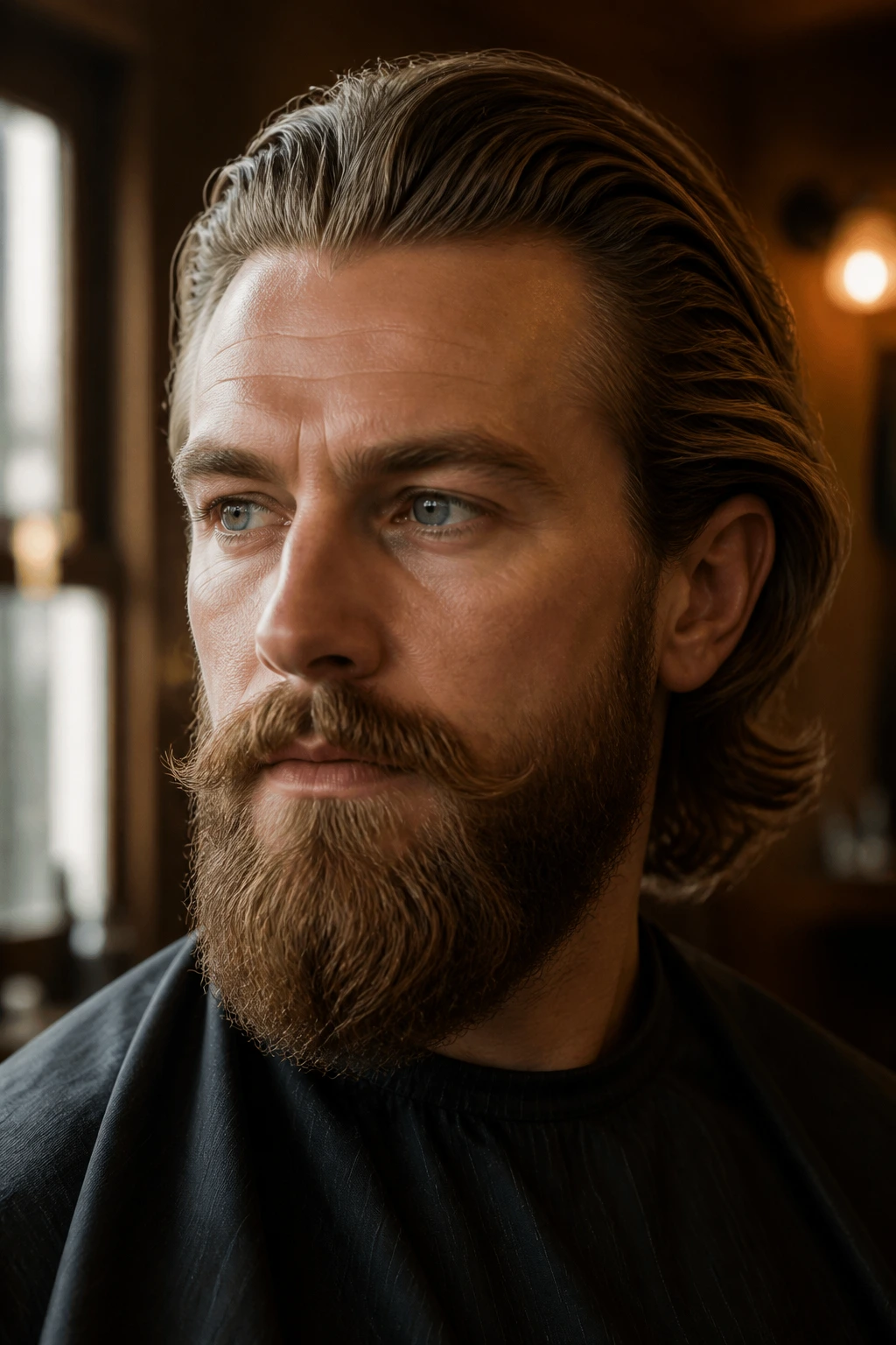 Close-up portrait of a man with Verdi beard and swept-back hair in a warm barbershop setting