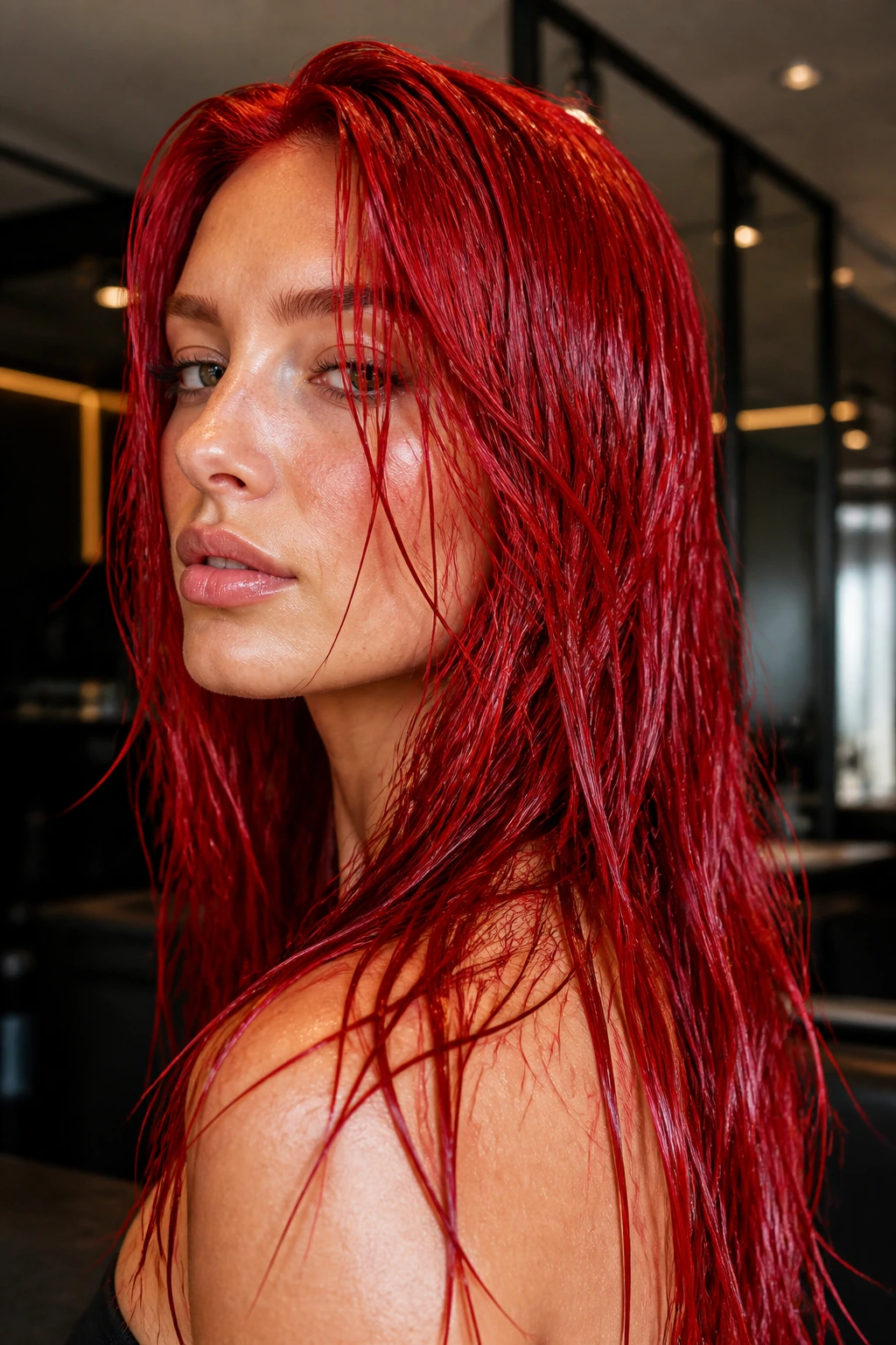 Real person with vermilion wet-look hair in a glossy finish