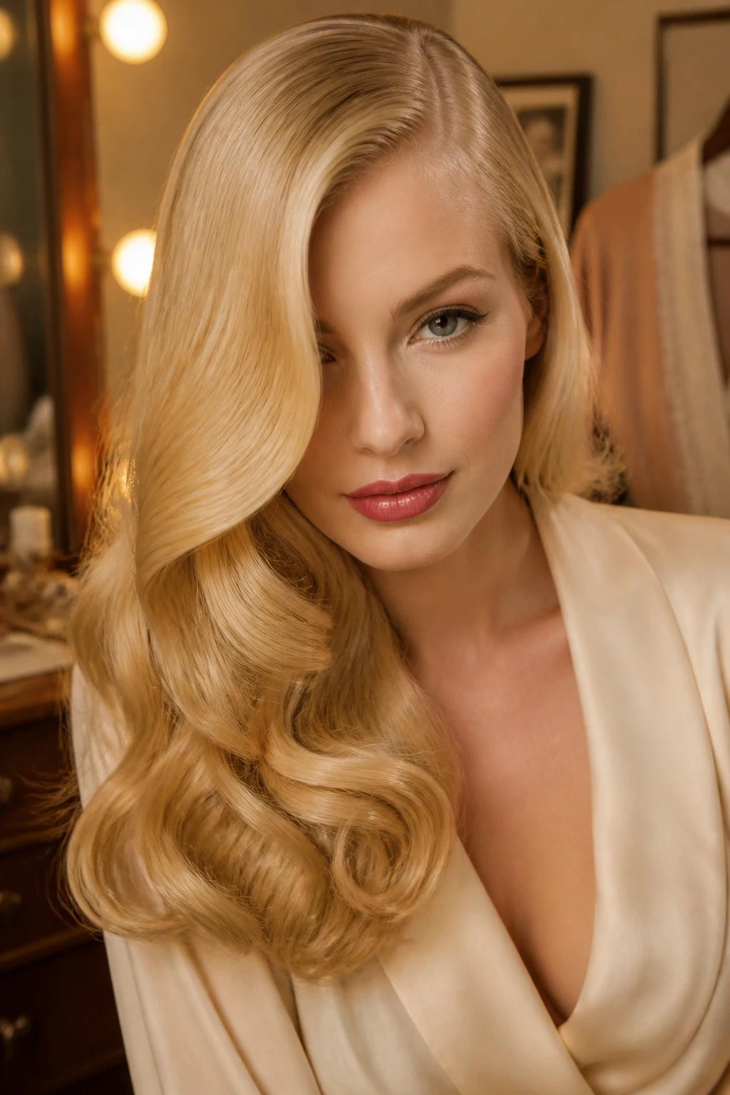Woman with Veronica Lake side sweep hairstyle in warm dressing room.