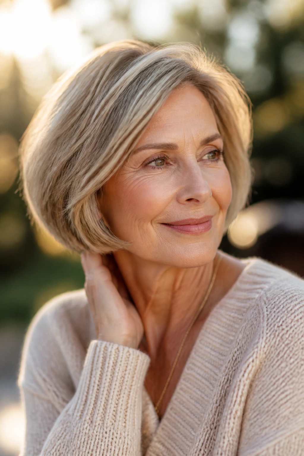Portrait of a mature woman with a lifted crown bob outdoors