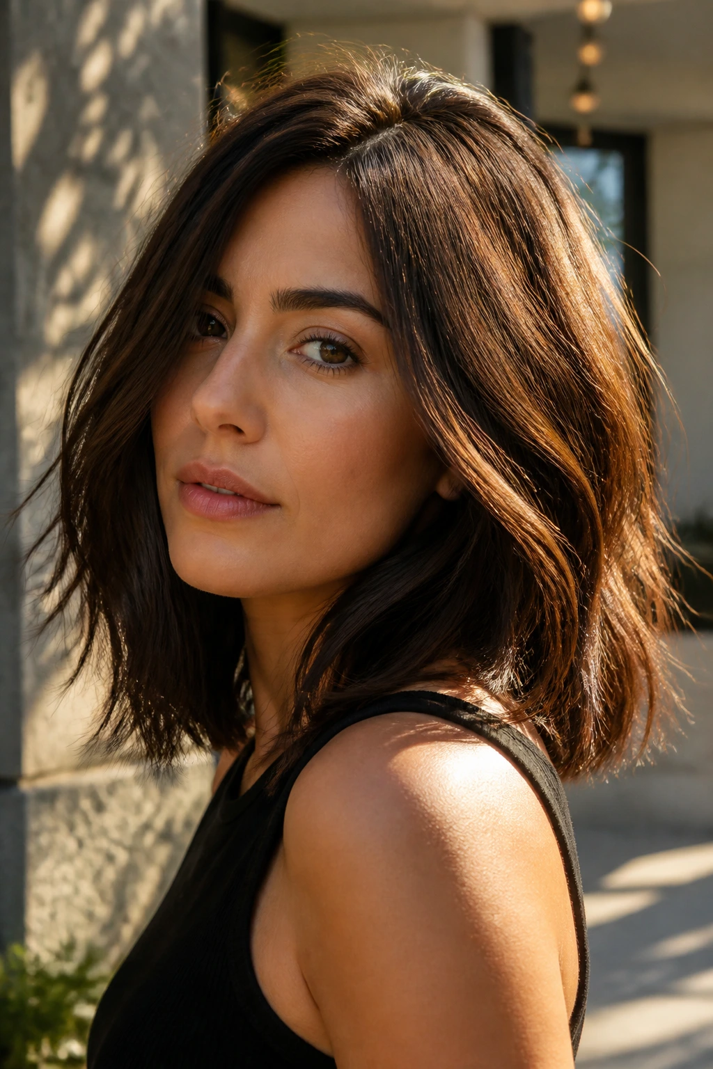 Portrait of brunette lob showing versatile shape in natural light