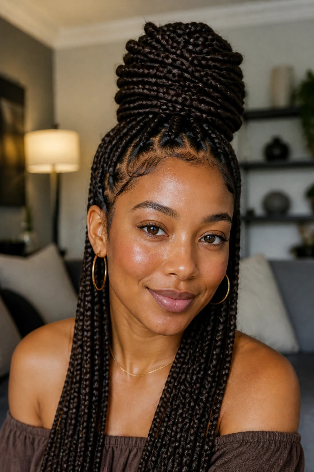 Close-up of a person with long box braids styled into a high bun.