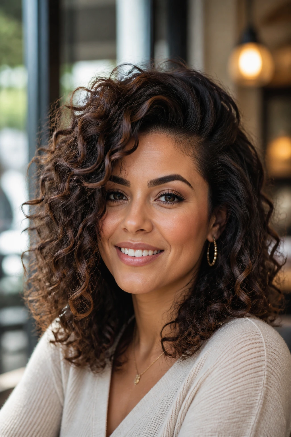 Woman with medium-length curly hair styled for work and events