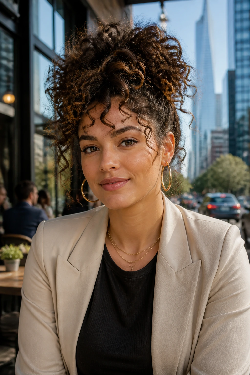 Portrait of a woman with versatile curly hairstyle outdoors in a city setting.