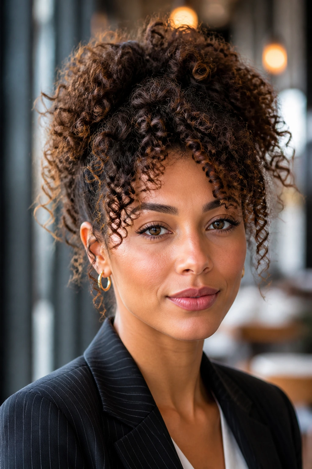 Real woman with a versatile curly hairstyle for work and events.