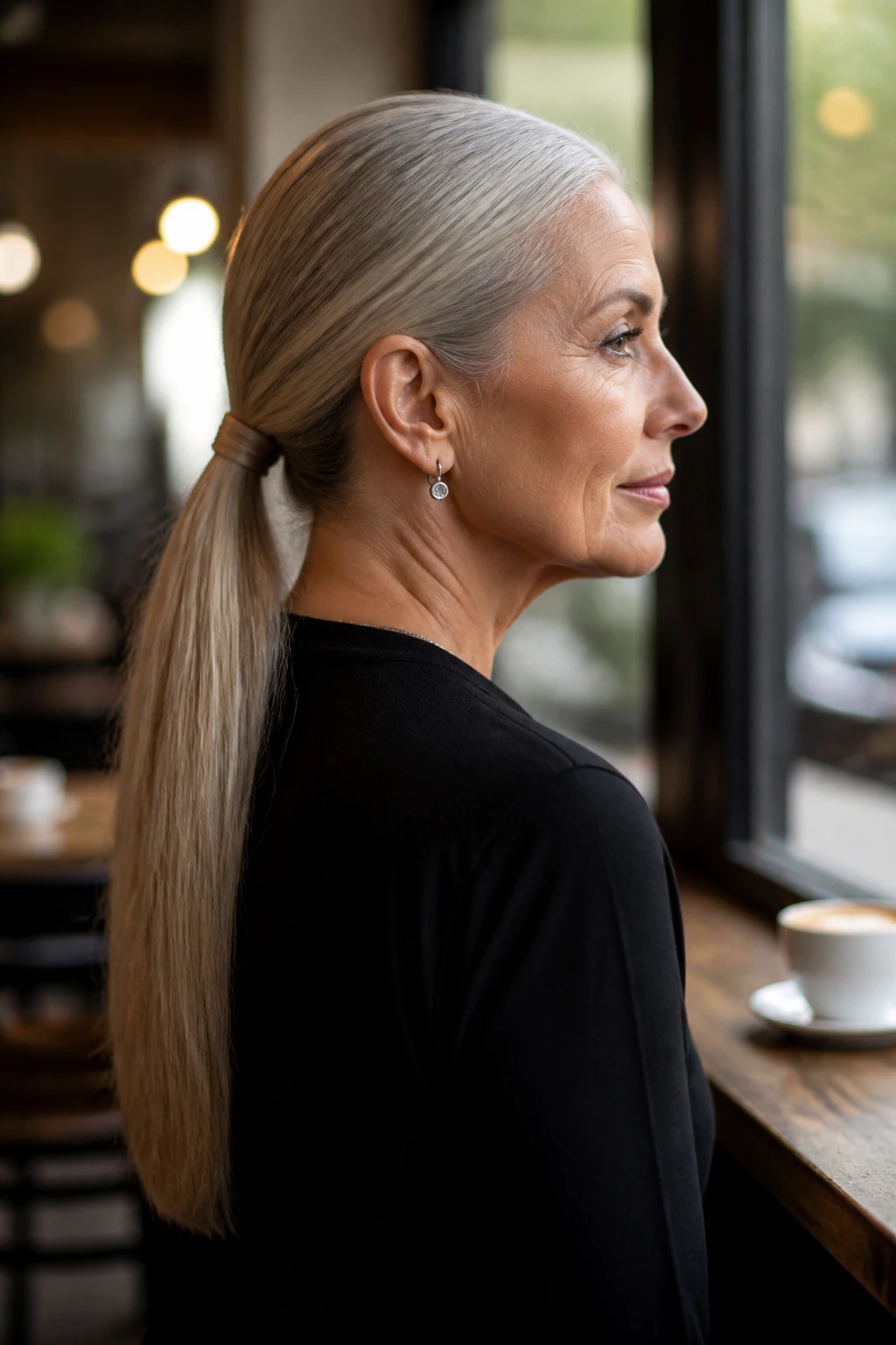 Portrait of a woman with long straight hair in a sleek low ponytail
