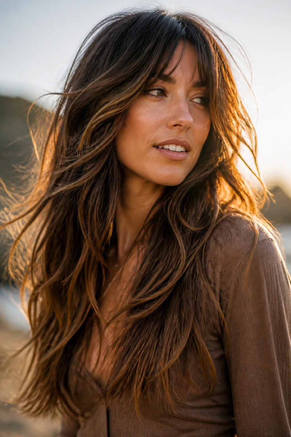 Portrait of a real woman with a versatile long layered shag showing shape and movement in sunlight