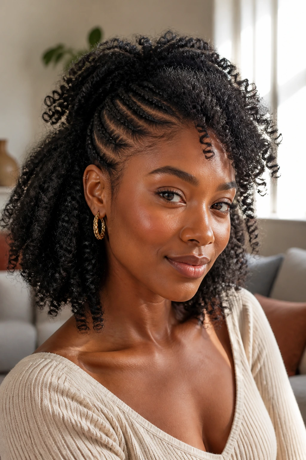 Close-up portrait of a Black woman with natural hair, showing versatility.