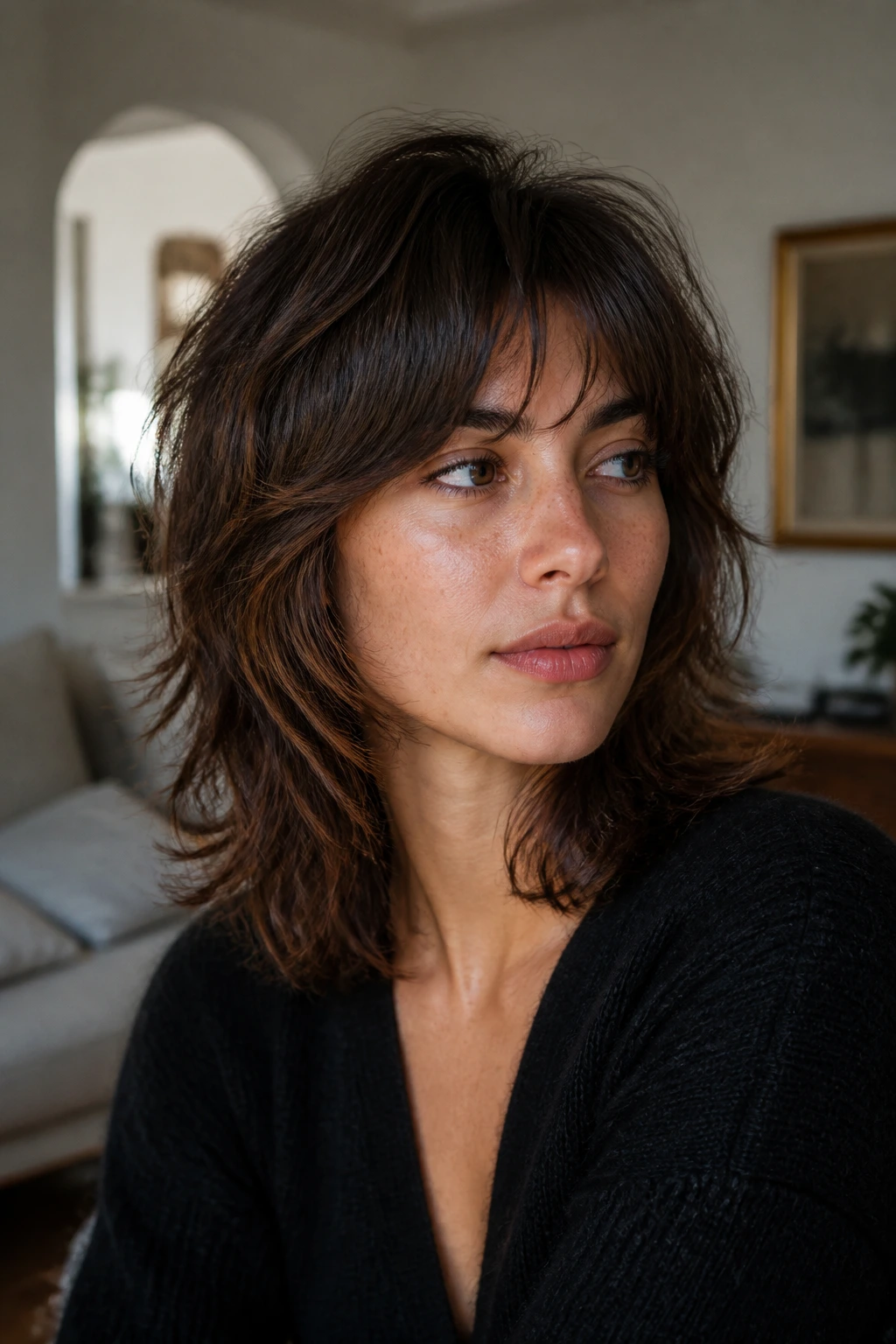 Portrait of a real person with a versatile medium-length shag showing movement