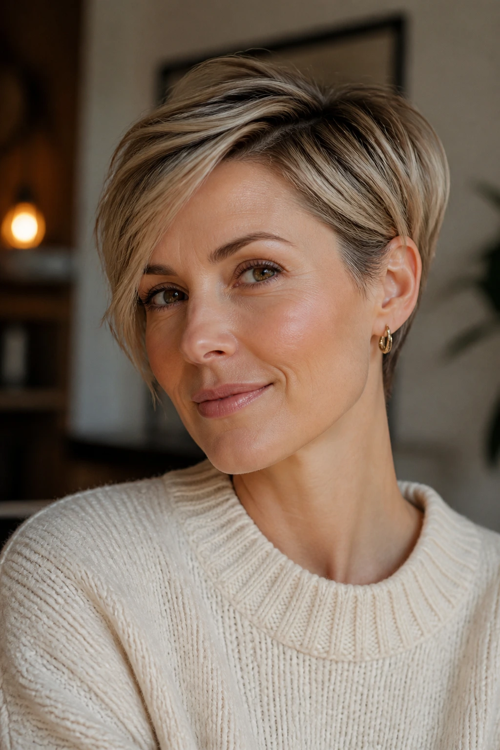 Close-up of a real person with a versatile short cut showing multiple styling options