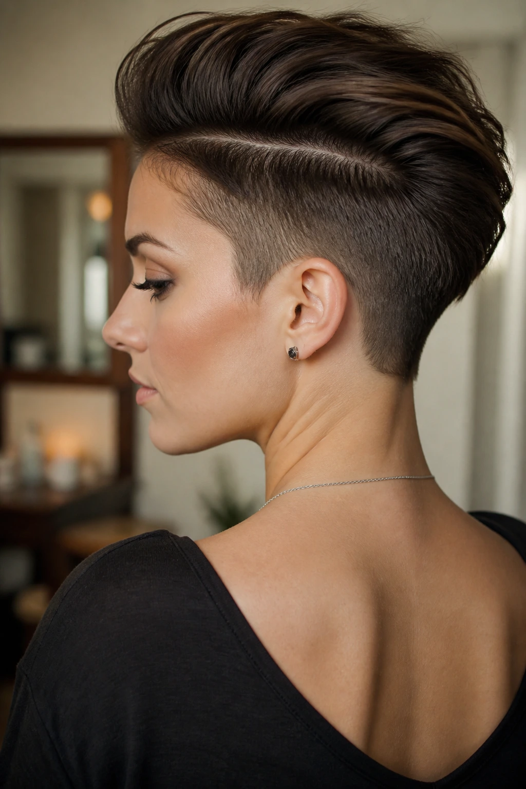 Close-up of a real person with a versatile short undercut and hidden panel