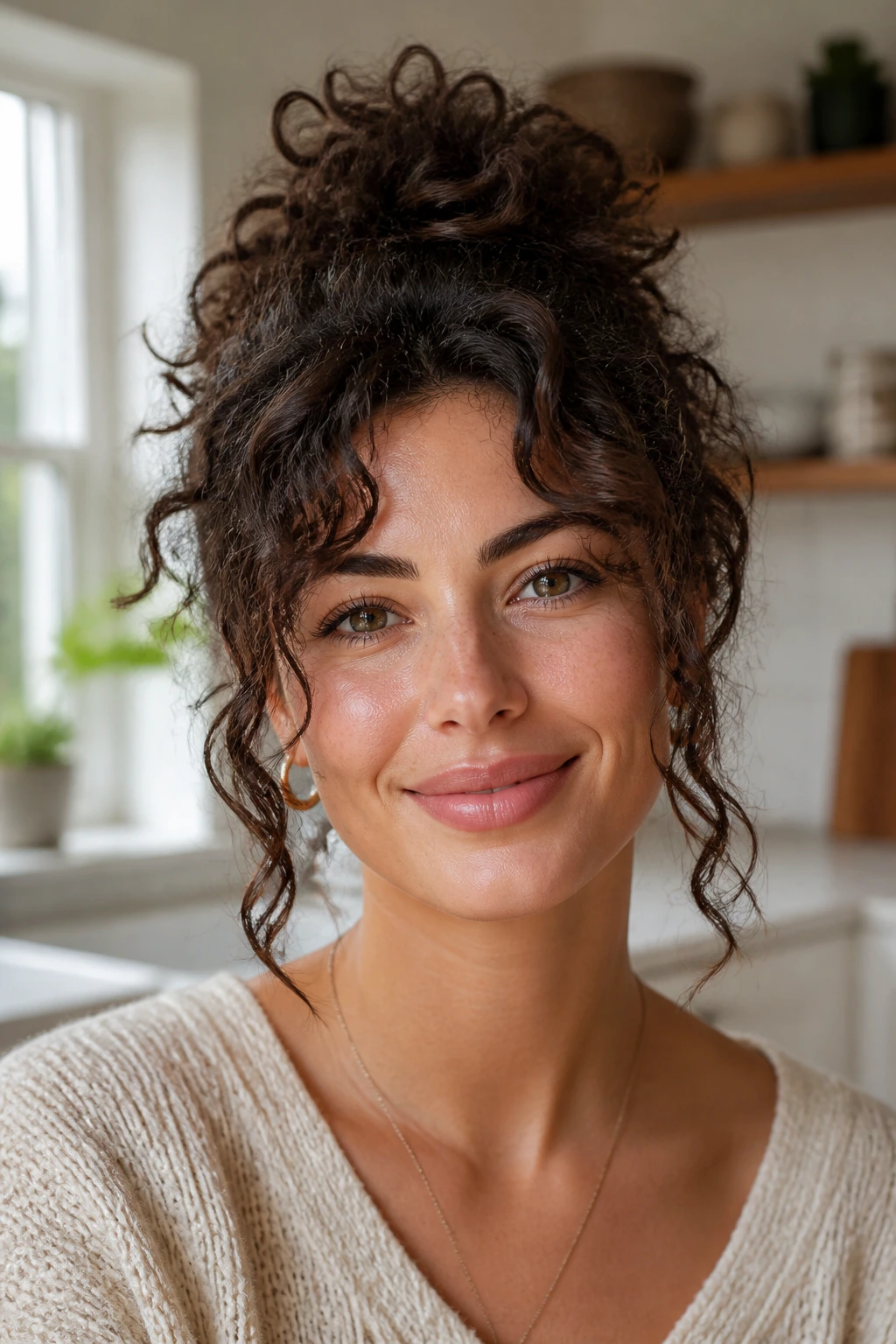 Portrait of a real woman with vertical curl shape and crown lift