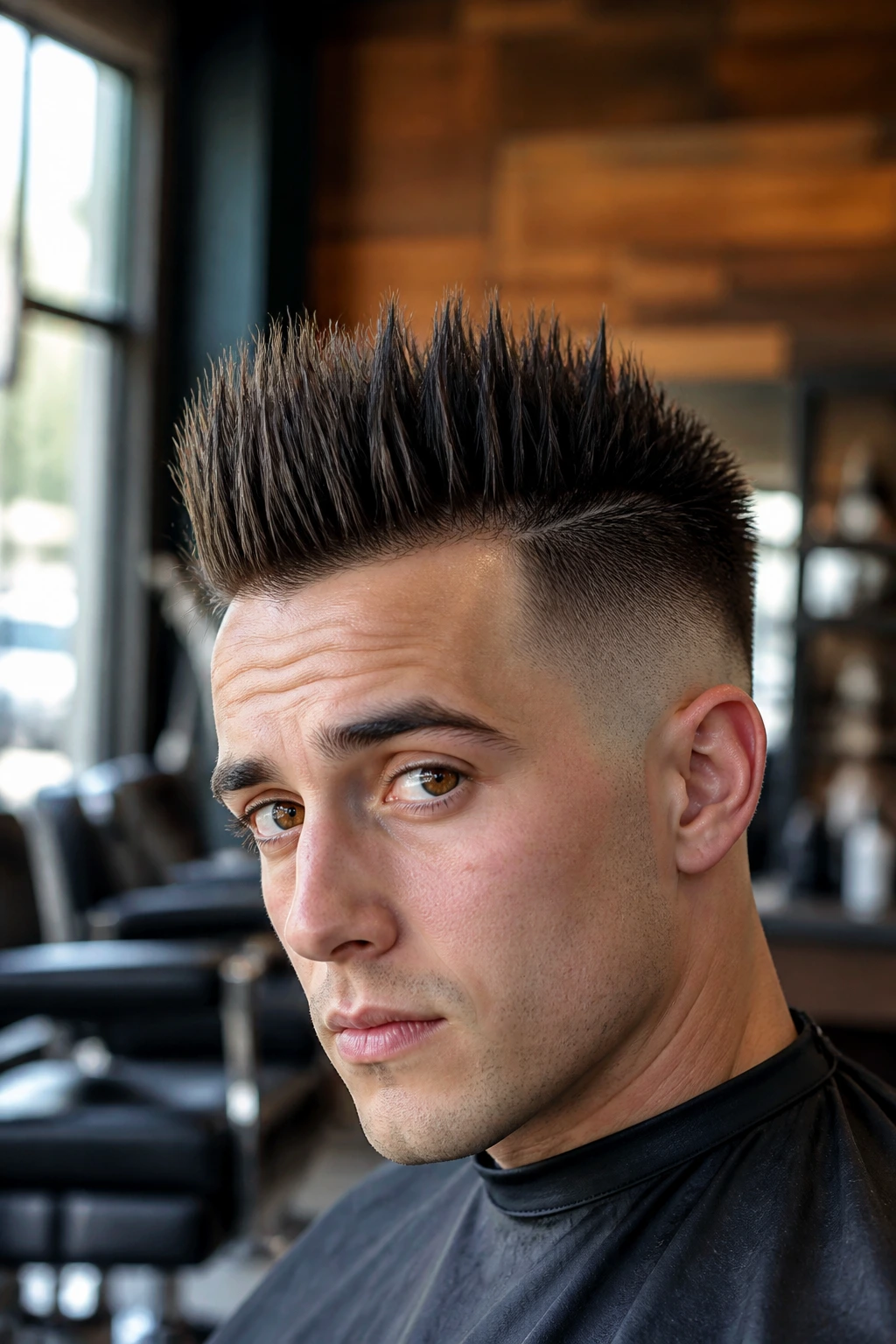 Close-up of man with tall vertical spikes on crown in barber shop lighting