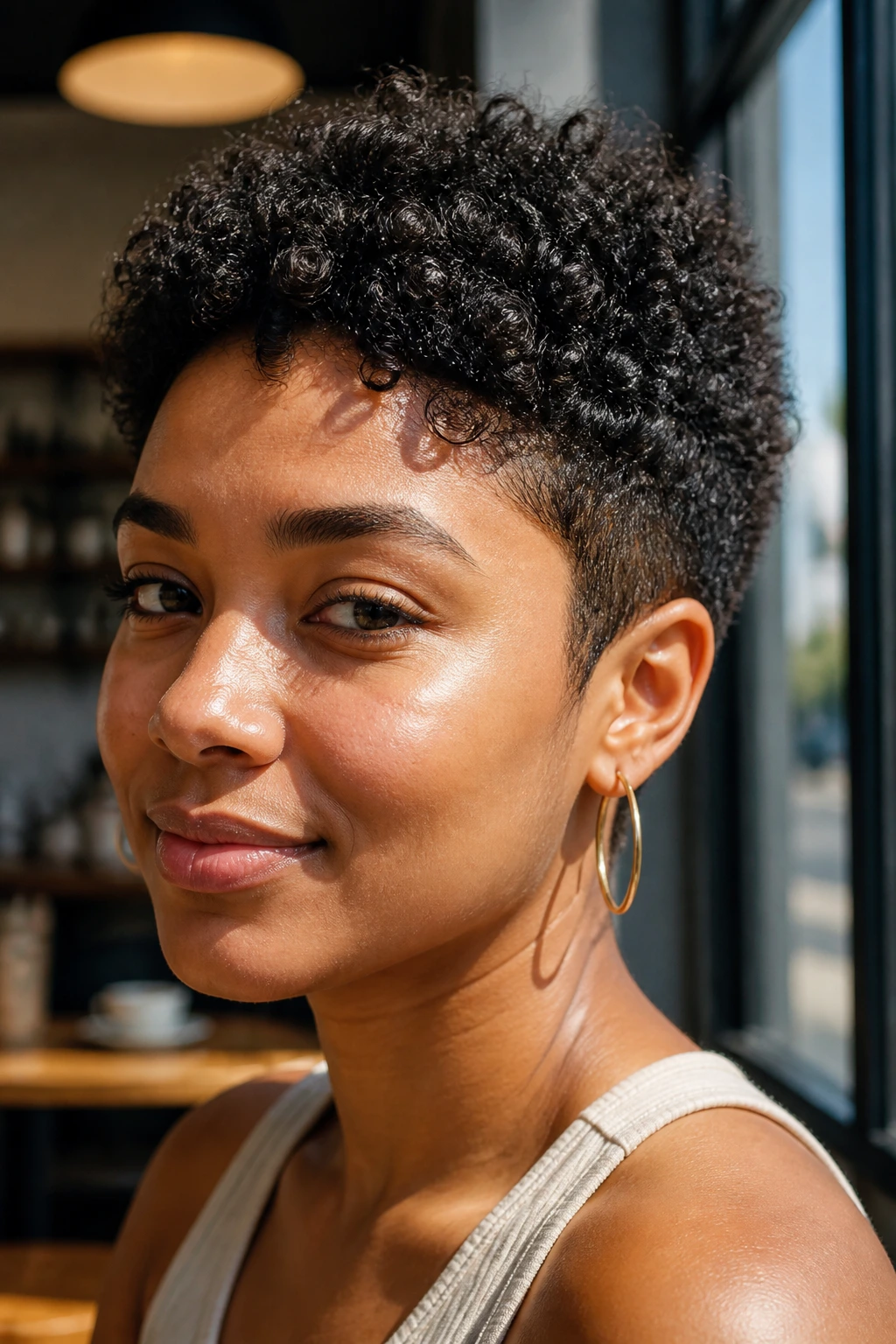Close-up of real person with super short curly haircut in cafe window light