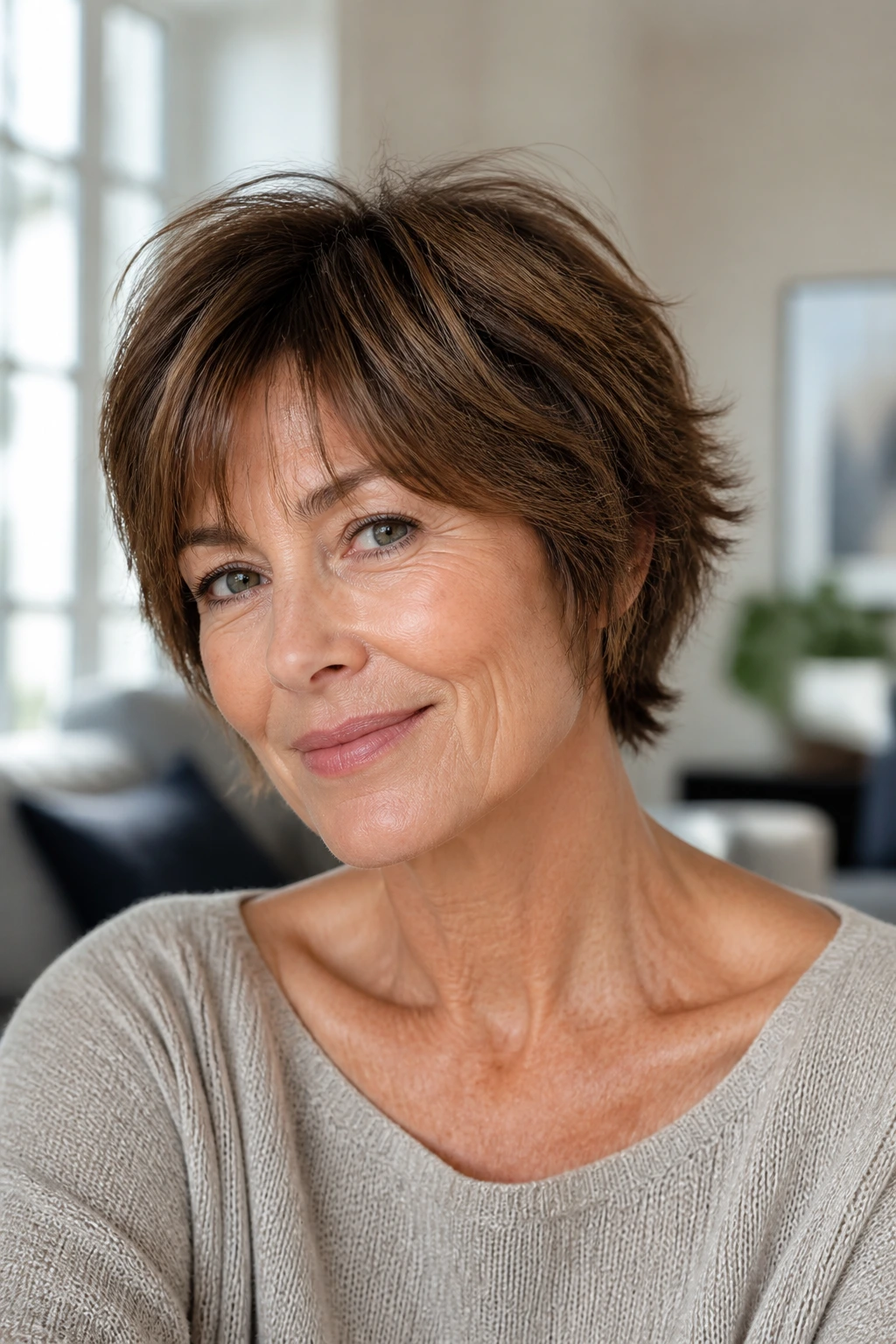 Portrait of a real woman with a very short shaggy bob showing lift and tapered nape