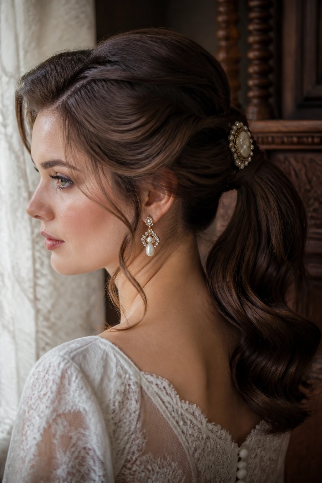 Bride with Victorian-inspired low ponytail and pearl pin