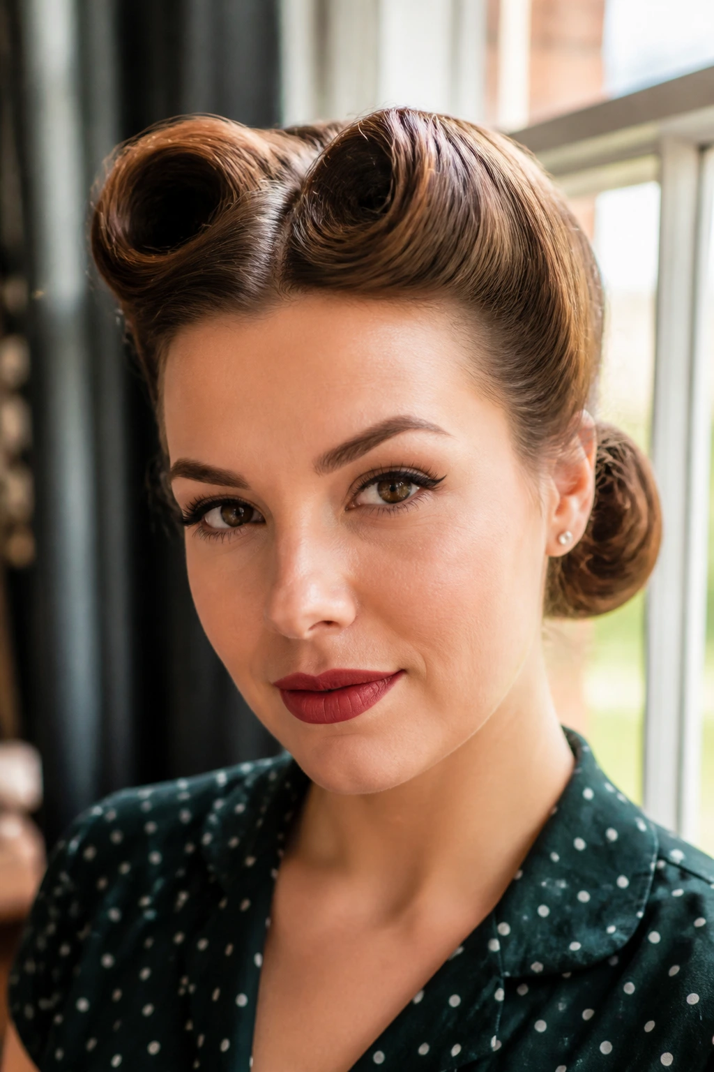 Portrait of a real woman with victory roll accent hairstyle