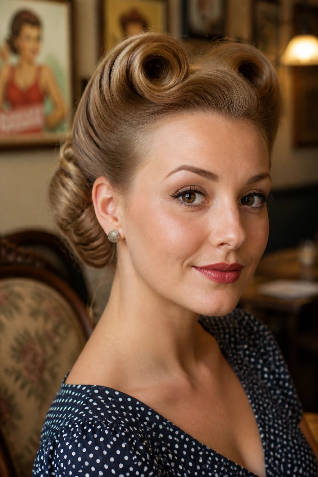 Close-up of a real woman with victory rolls and a low bun