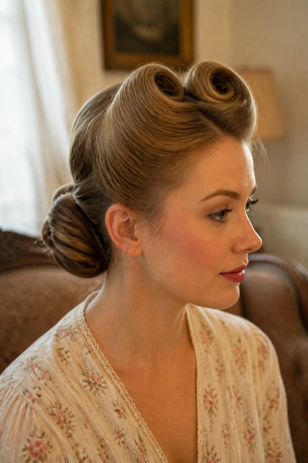 Portrait of a real bride with a Victory Roll Crown and low bun in a vintage-inspired setting