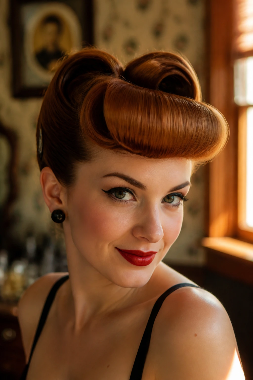 Close-up of a real woman with victory-roll fringe under warm window light.