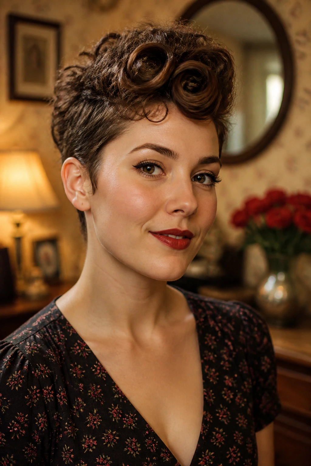 Portrait of a woman with a victory roll crown pixie hairstyle.