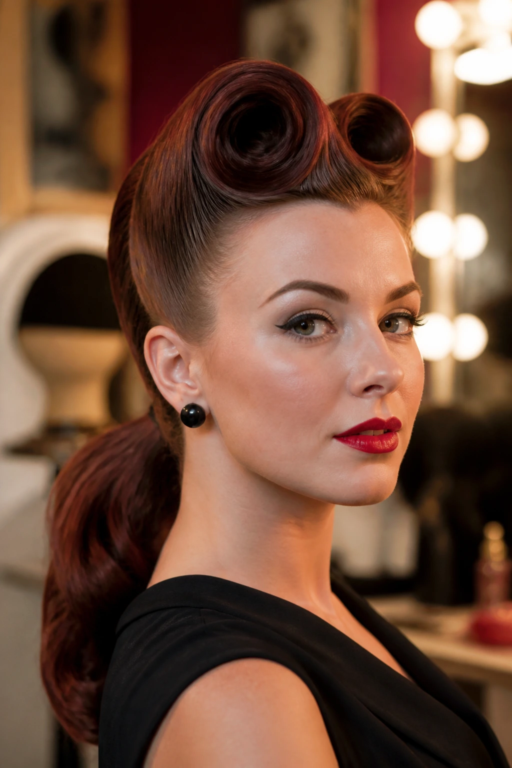 Victory Roll Pony close-up portrait with front rolls and nape pony