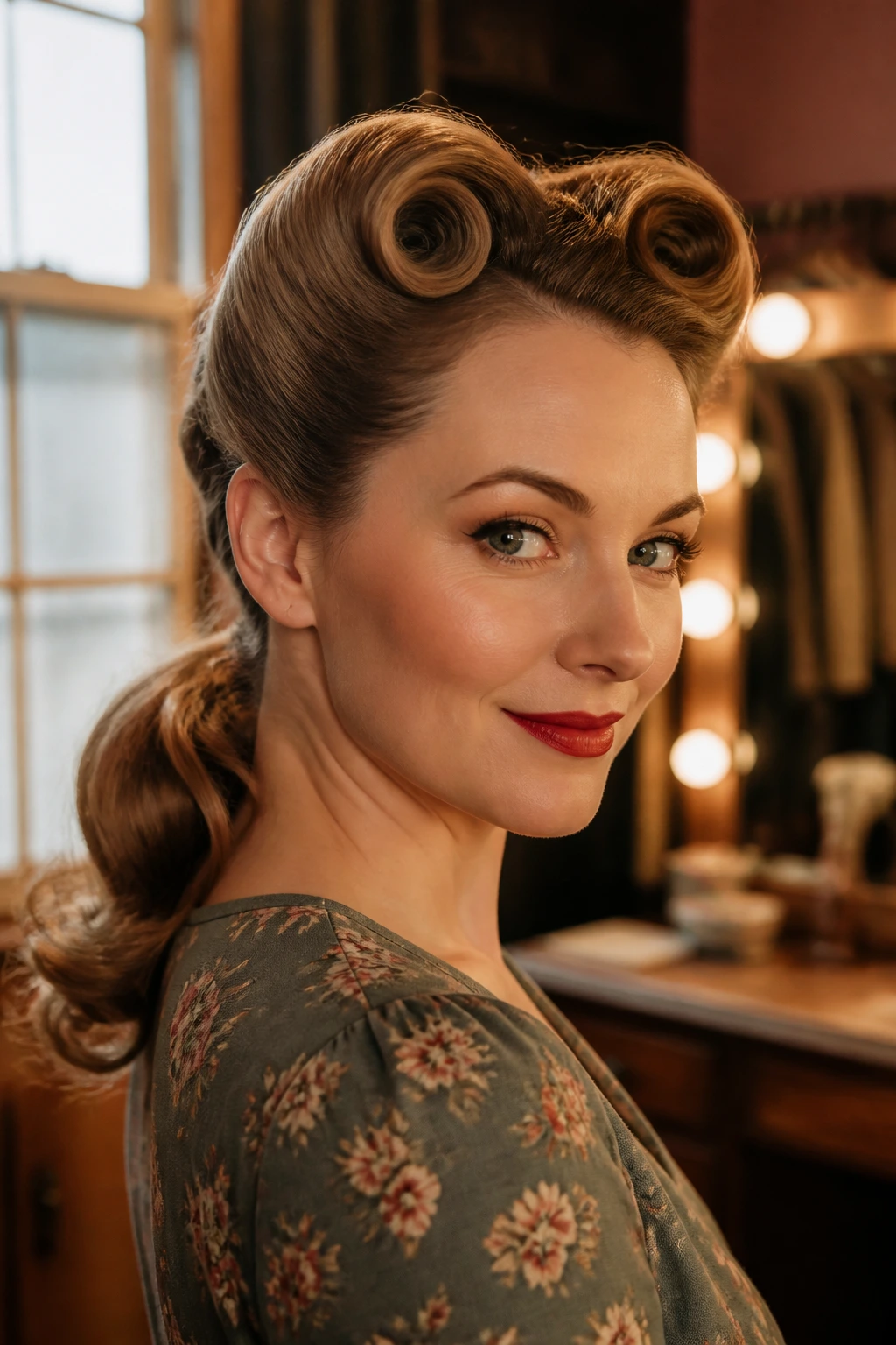 Portrait of a woman with a soft victory roll and low ponytail