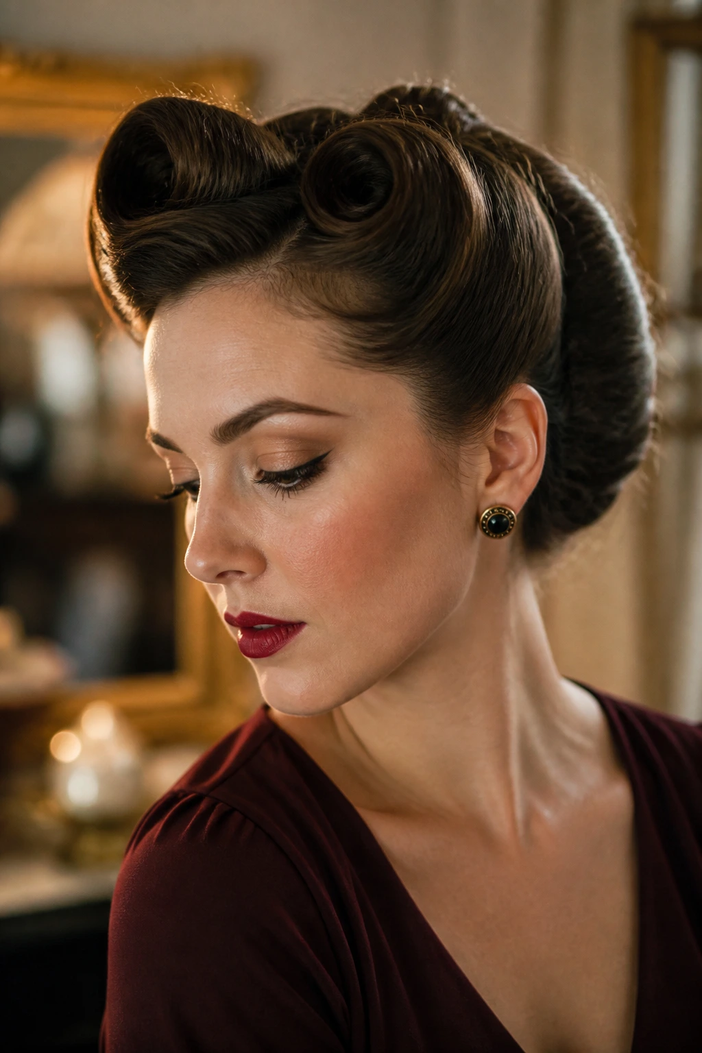 Close-up of a real woman with victory roll inspired updo high above the cheekbones