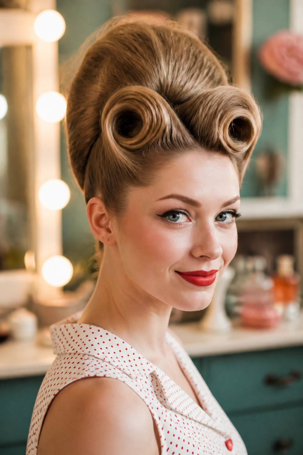 Portrait of a woman with victory rolls and beehive crown in vintage styling