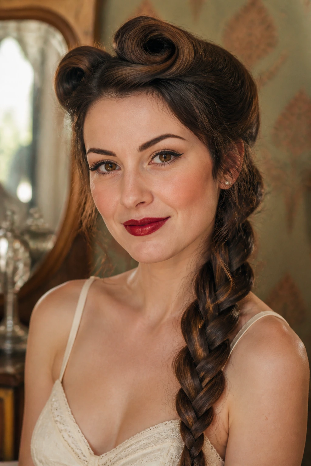 Close-up portrait of a real woman with a victory-roll crown and one-shoulder braid in vintage lighting
