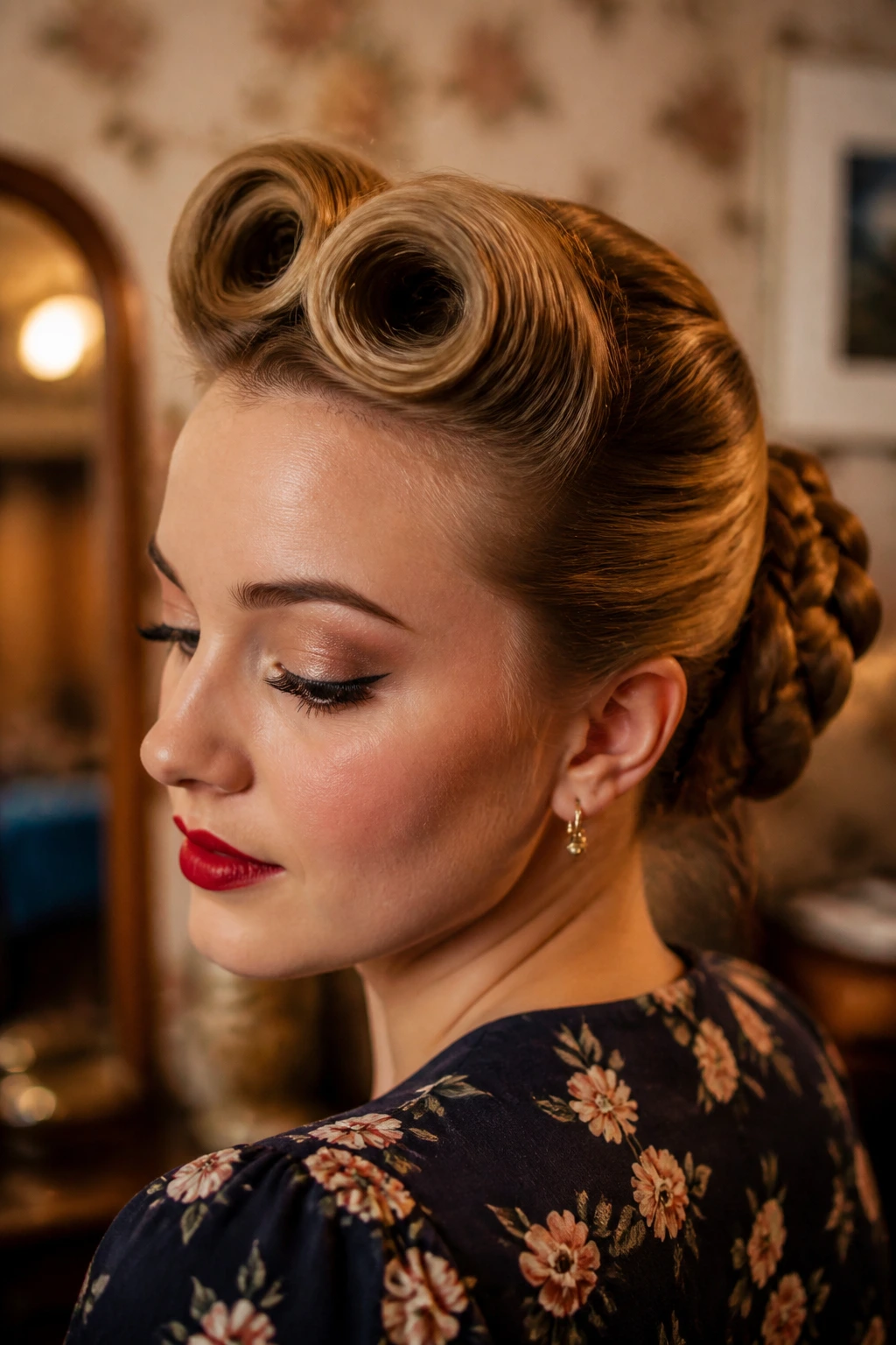 Portrait of a woman with victory rolls and a braided bun
