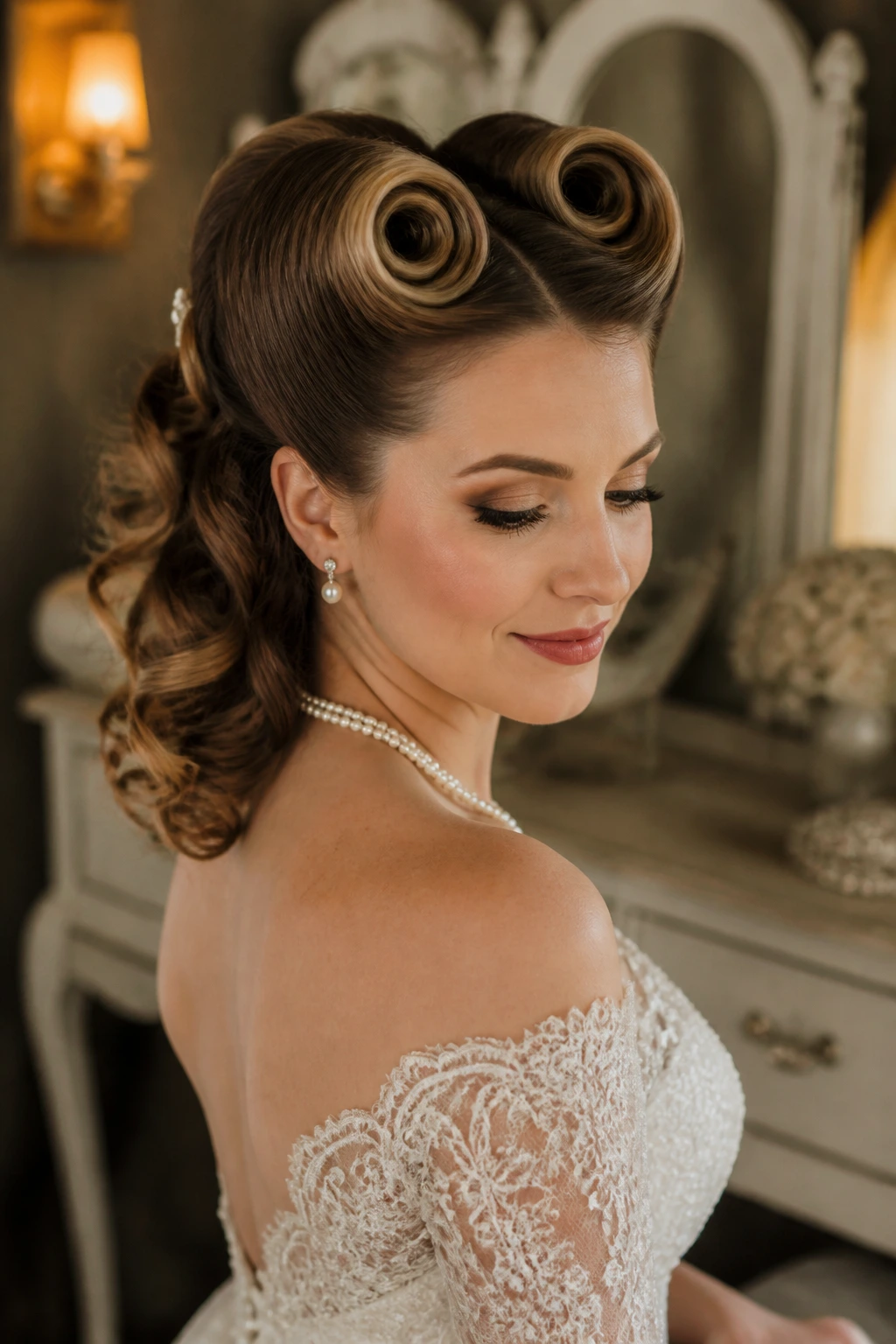 Bride with victory rolls and loose ends, close-up head-and-shoulders.