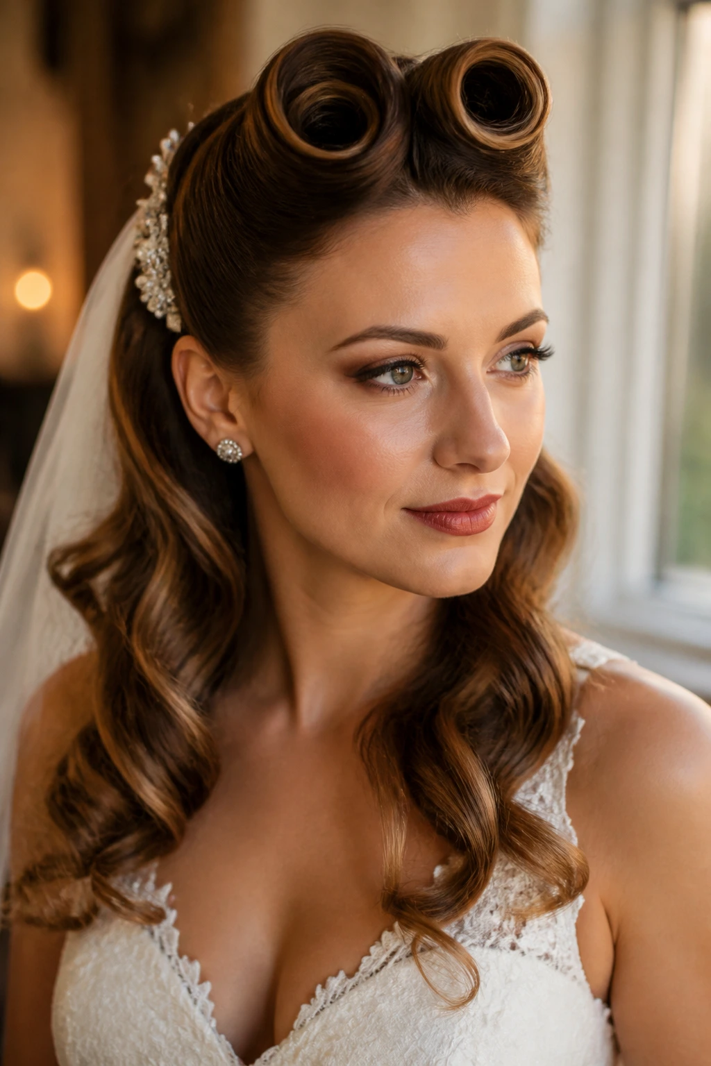 Bride with victory rolls and soft curls in a warm bridal suite