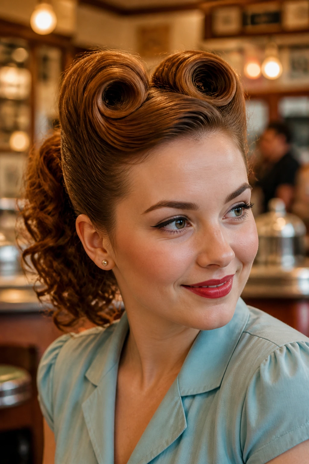 Close-up of a woman with victory rolls and curly ponytail