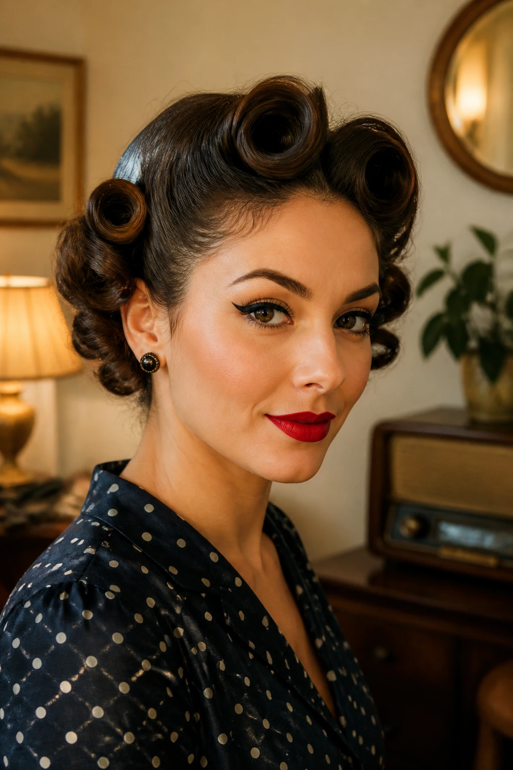 Portrait of a person with victory rolls above the ears in a retro setting