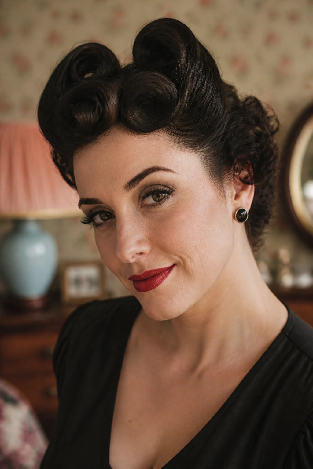 Portrait of a real person wearing vintage victory rolls on short curly hair, front rolls pinned.