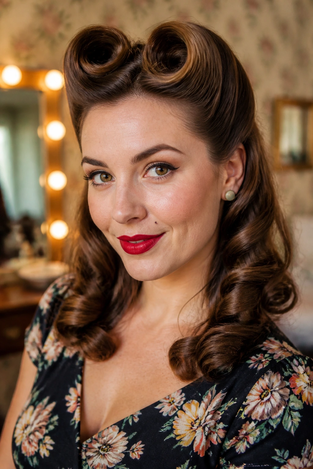 Close-up of a real woman with victory rolls and curled ends in a retro dressing room lighting