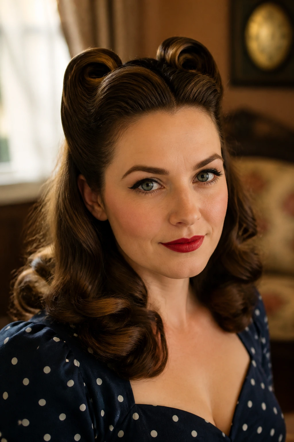 Close-up portrait of a woman with victory rolls and loose waves.