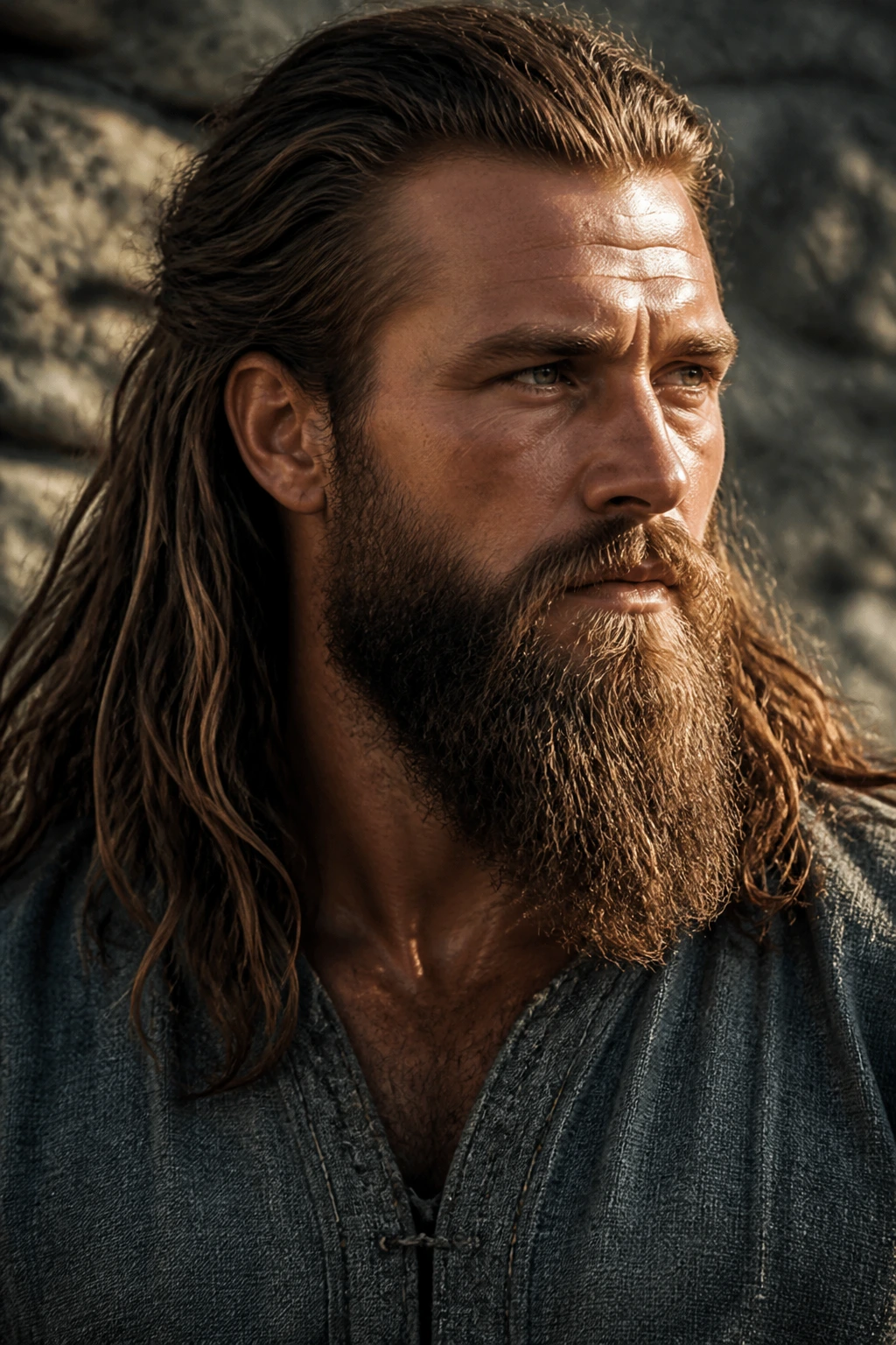 Portrait of a man with long hair and a thick Viking beard against a stone wall.