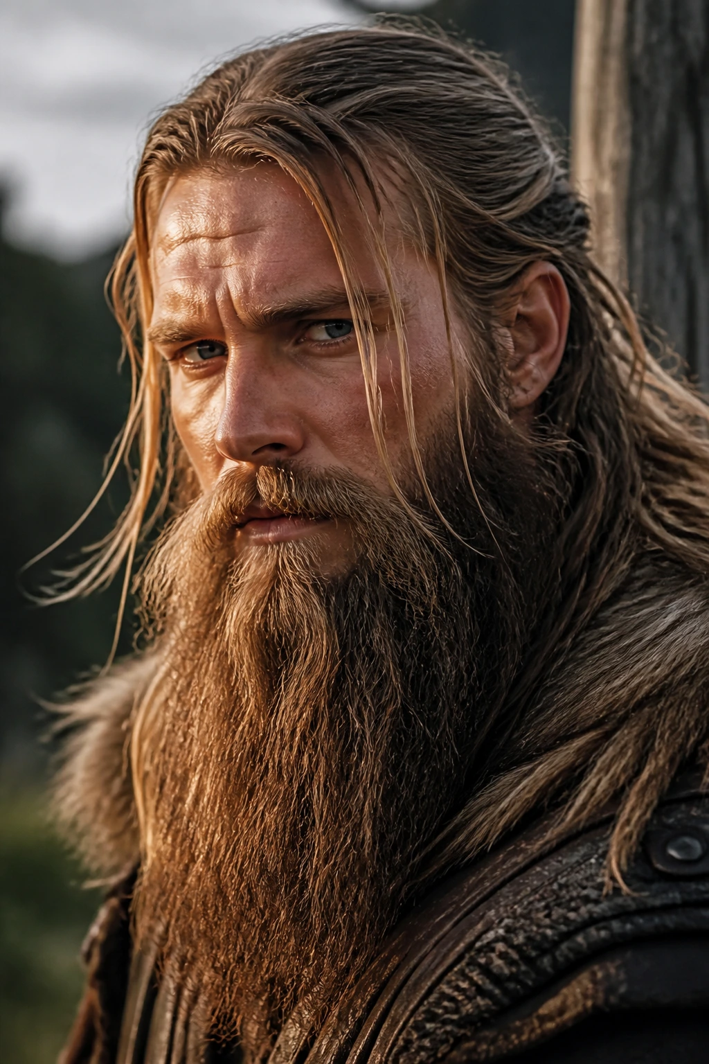 Portrait of a man with a long Viking beard outdoors in natural light.