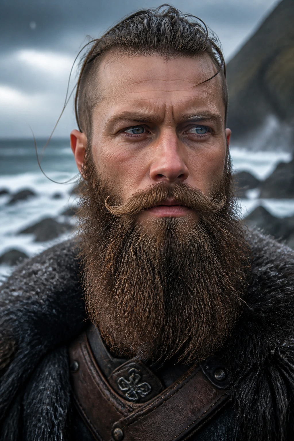Portrait of a man with a thick Viking beard in a rugged coastal setting.