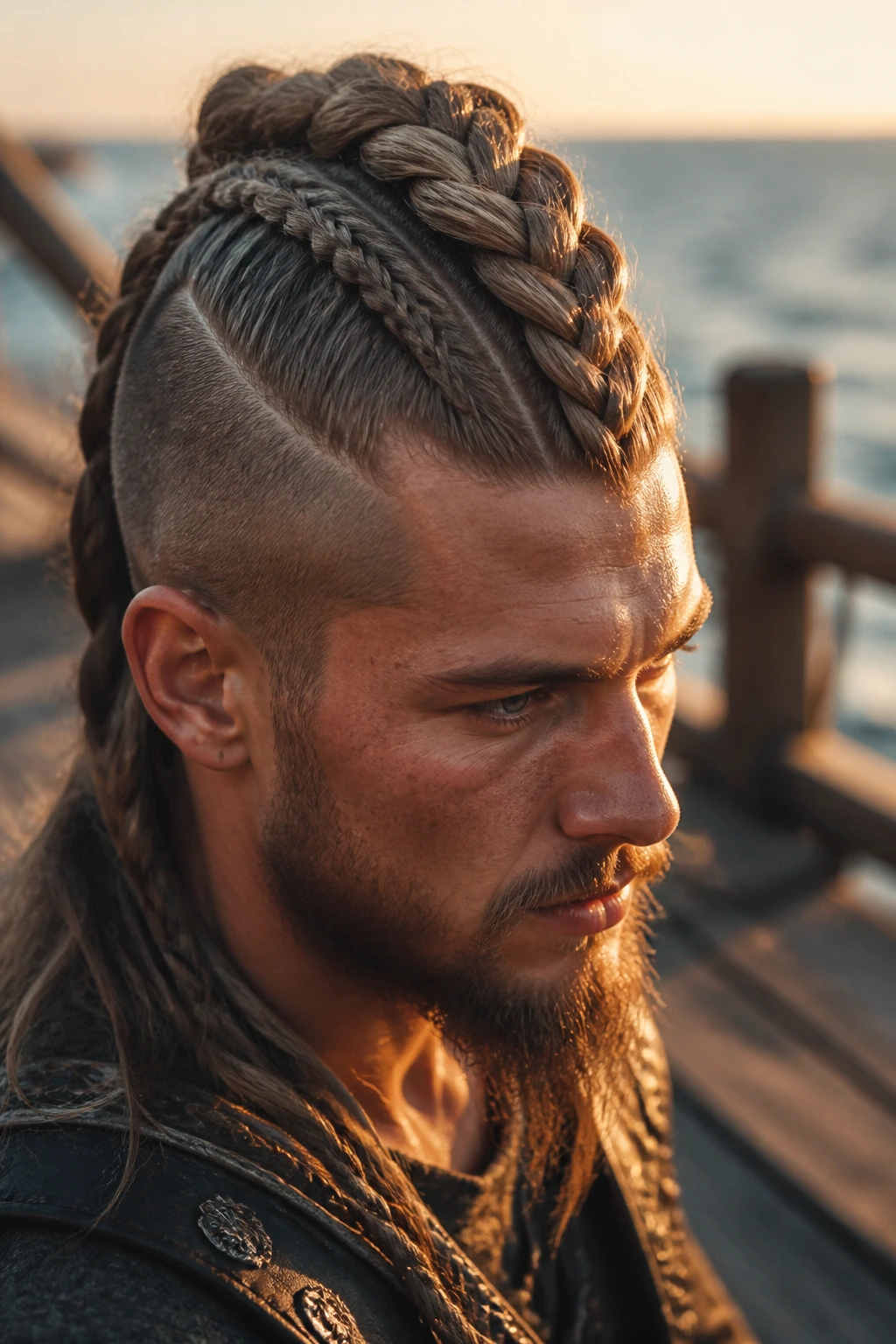 Portrait of a real person with a thick Viking braid mohawk.