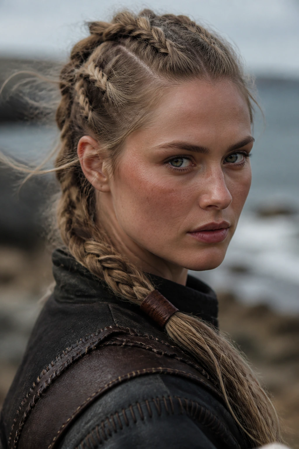 Close-up of real woman with anchored Viking braid and leather wrap outdoors