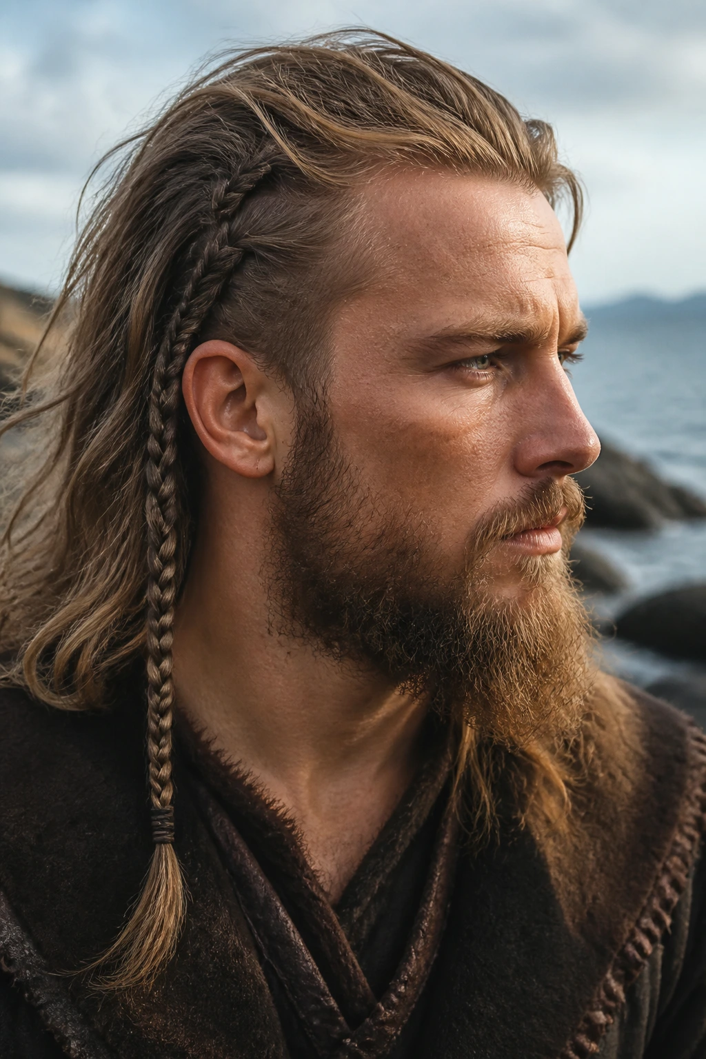 Man with a single side braid Viking hairstyle