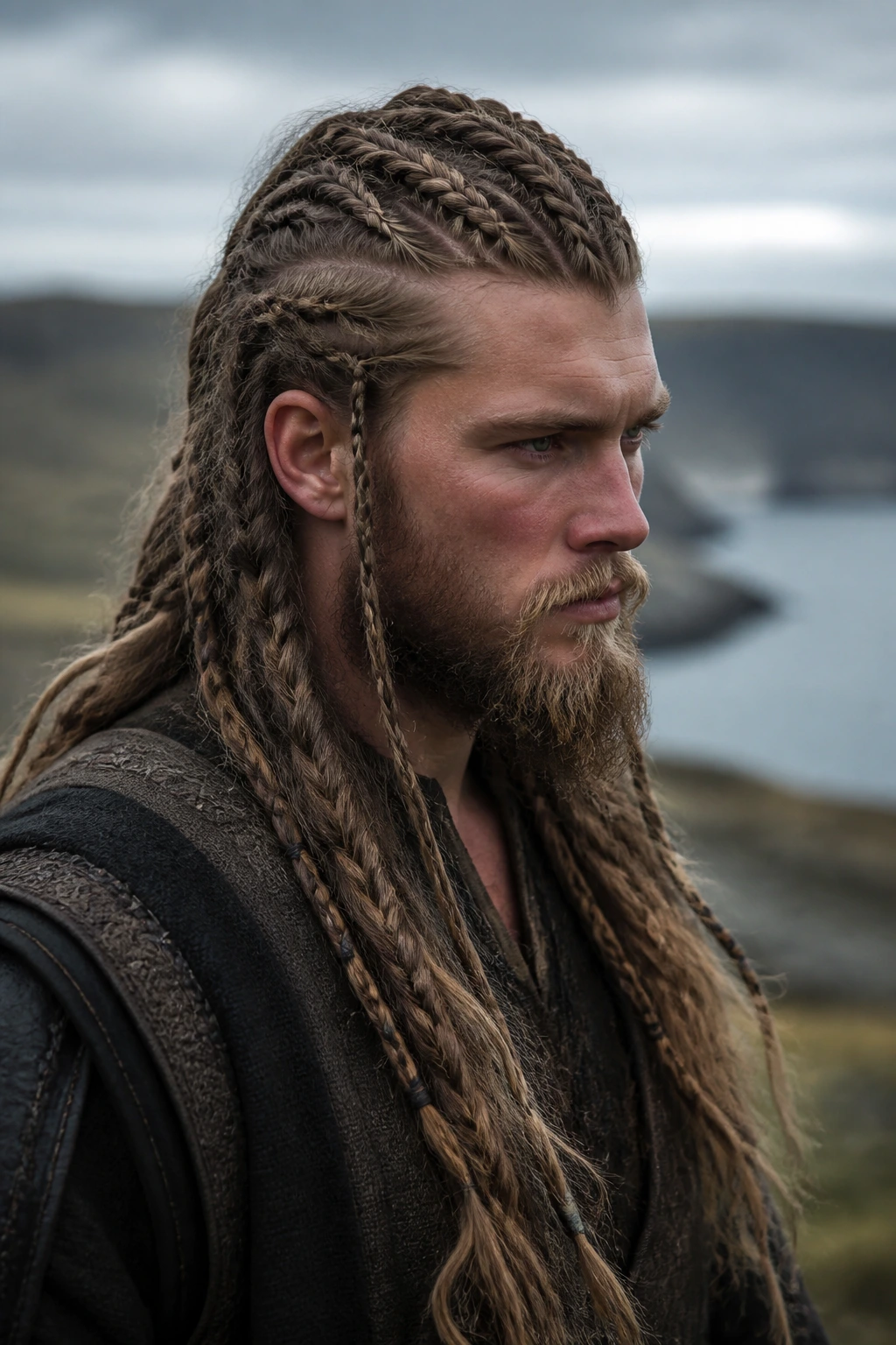 Man with long Viking braids outdoors on a rocky coastline
