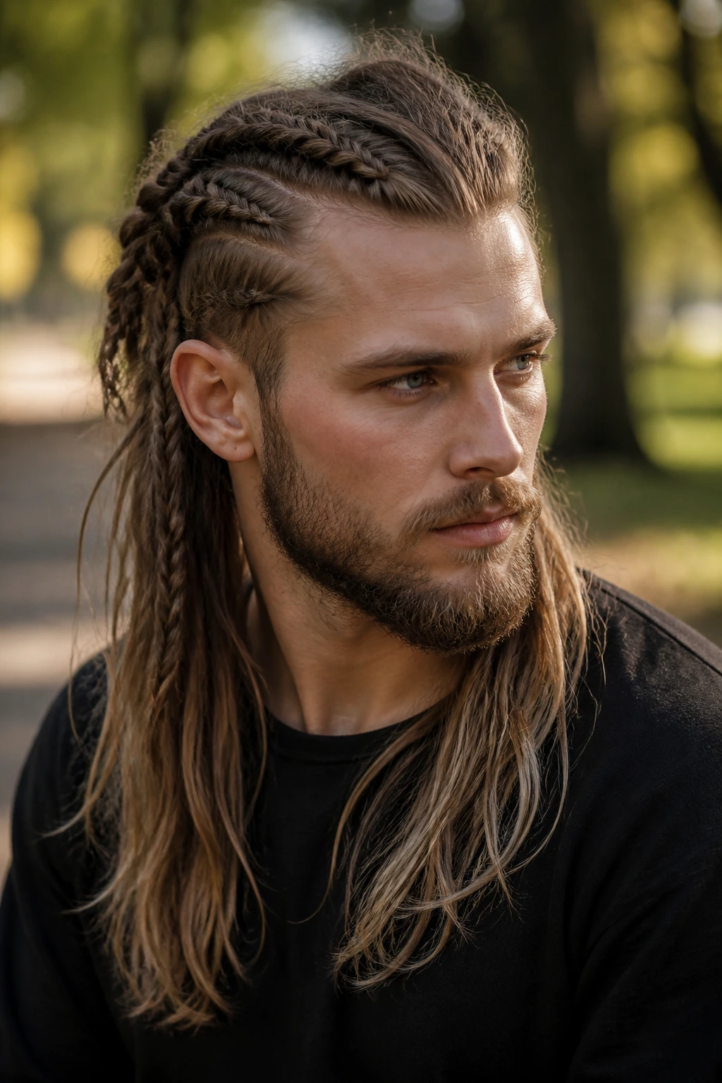 Man with Viking braids and loose ends in a park setting