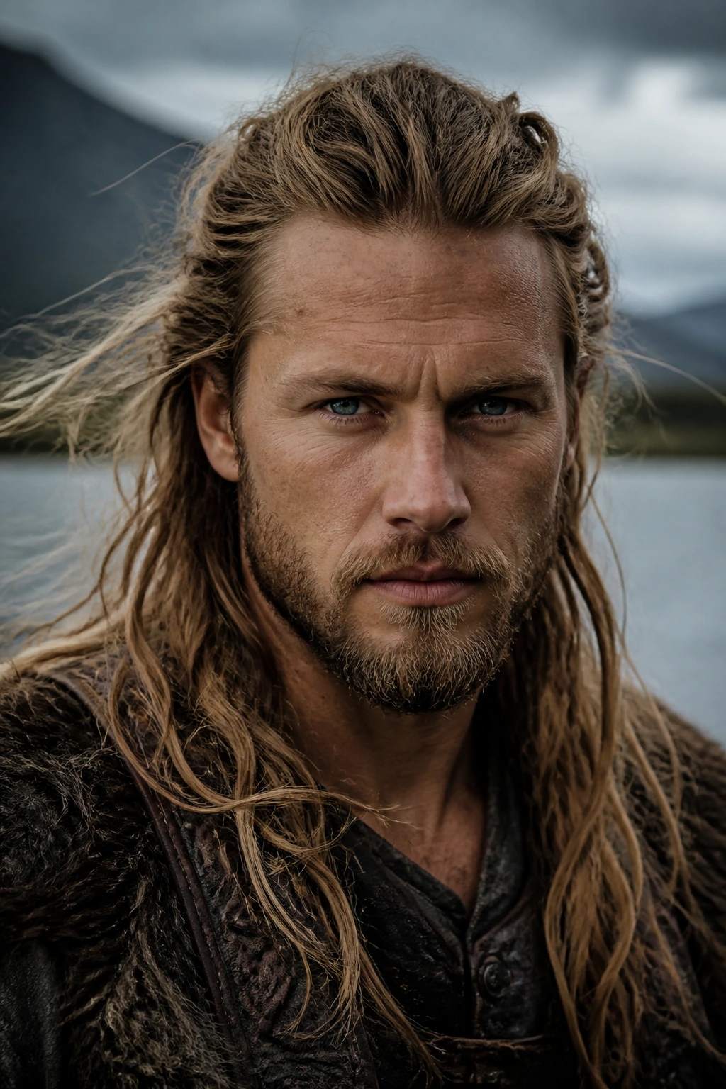 Close-up portrait of a real man with long Viking-inspired hair and visible hairline