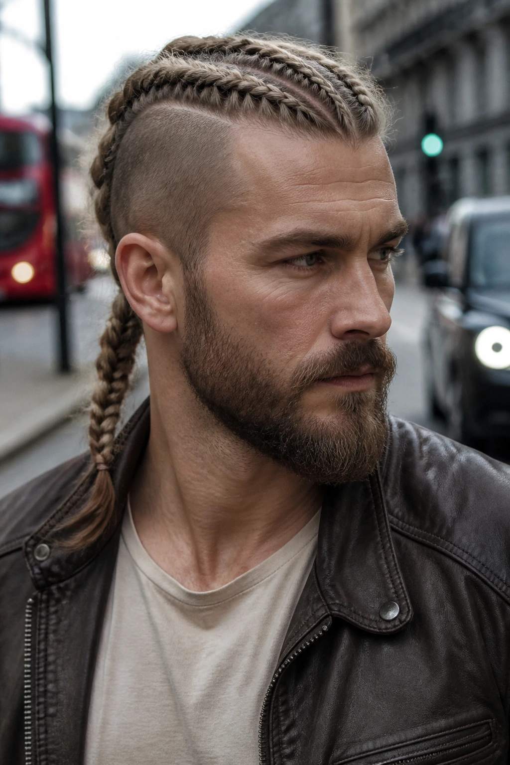 Man wearing Viking hairstyle in real life on city street
