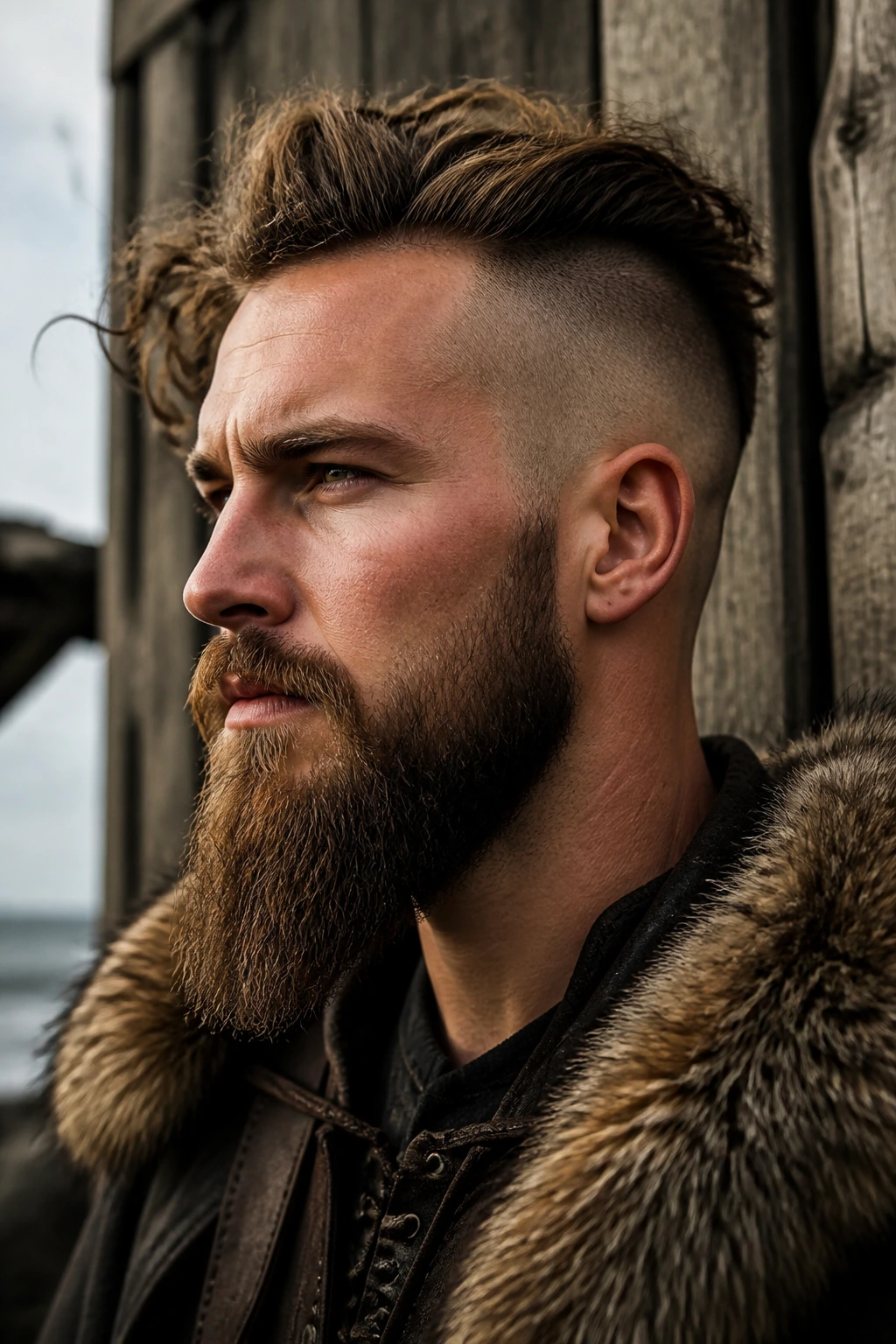 Portrait of a man with a heavy top and clean sides showing Viking silhouette